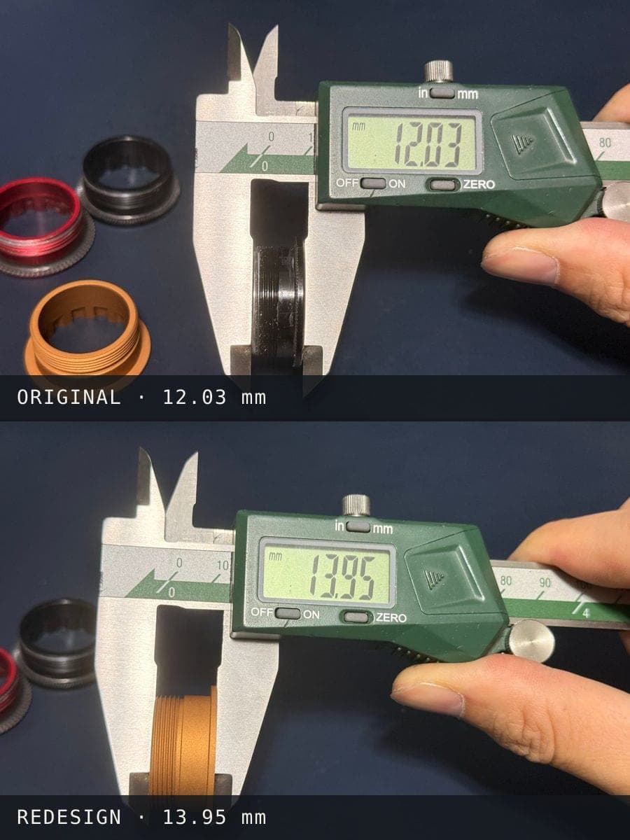 E-MTB Microspline Cassette Lockring — Extended-Thread Redesign — step 05: Measured side by side